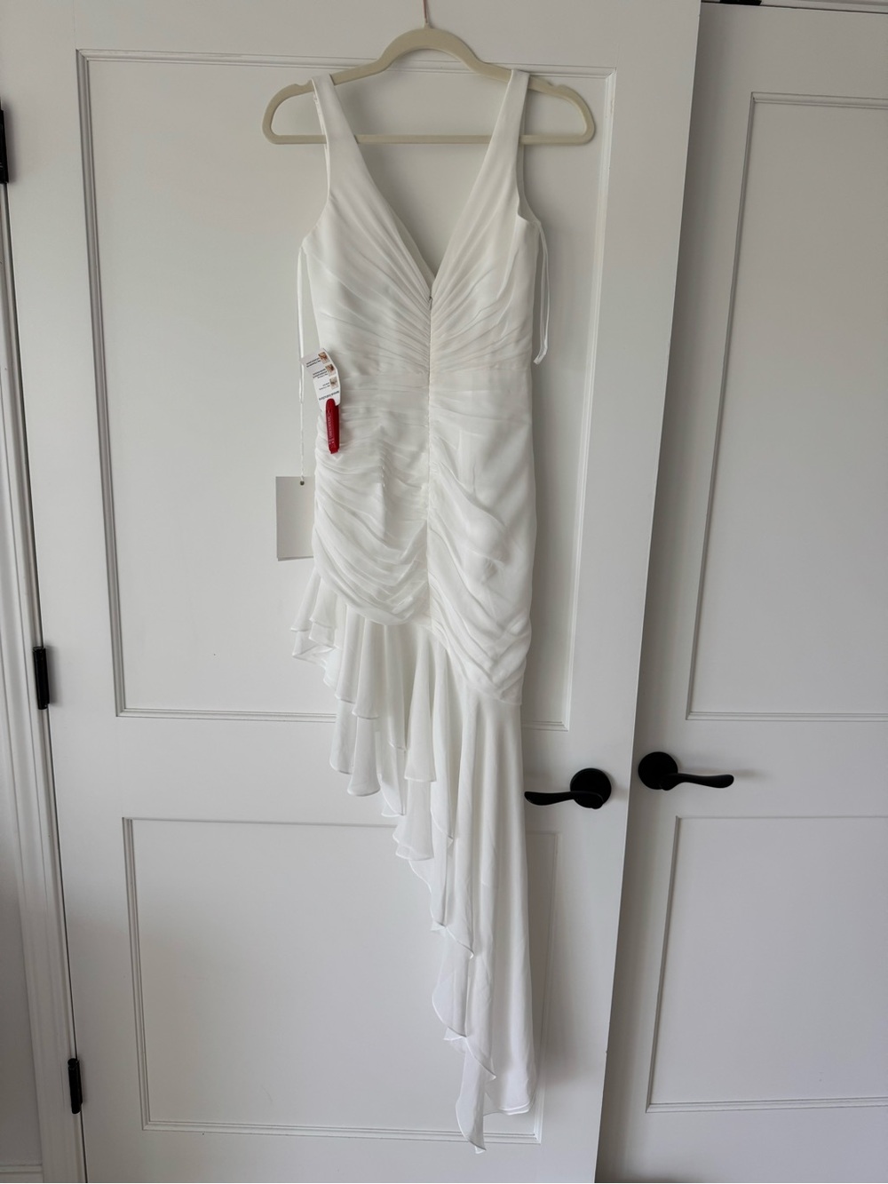Mac Duggal White Asymmetrical Ruffled V-Neck Dress